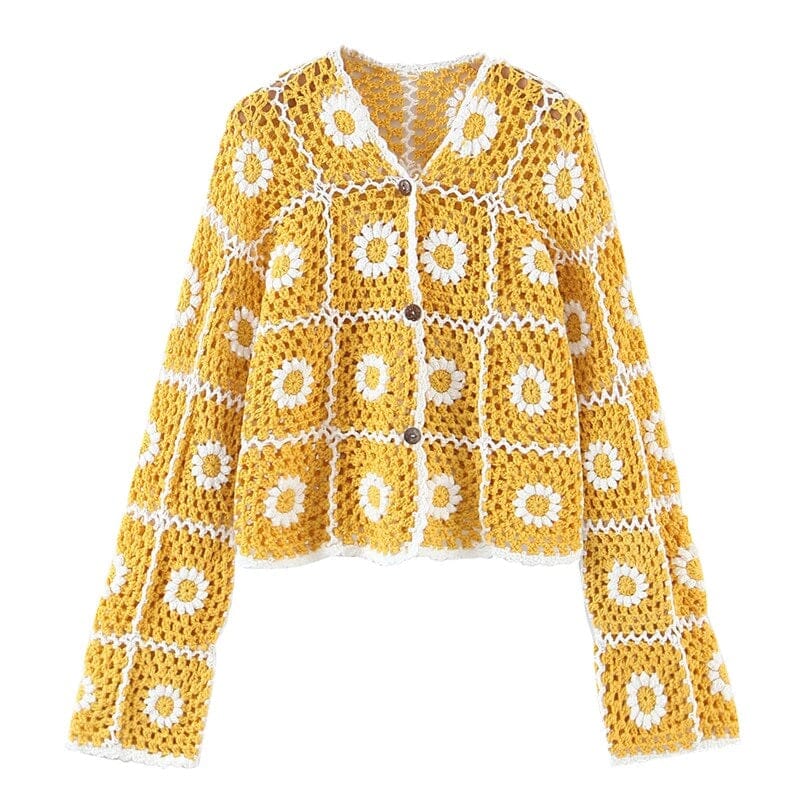 Women Bohemia Colored Vintage Hand Crochet Long Sleeve Button Down Knitwear Jumper Crop Cardigan Coats & Jackets jehouze Yellow 