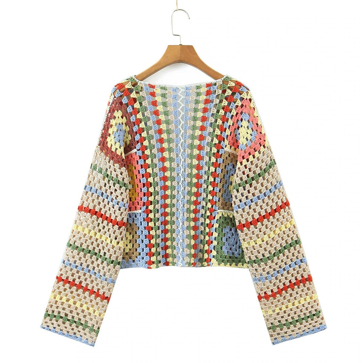 Women Bohemia Colored Vintage Hand Crochet Long Sleeve Open Stitching Knitwear Jumper Crop Cardigan Coats & Jackets jehouze 
