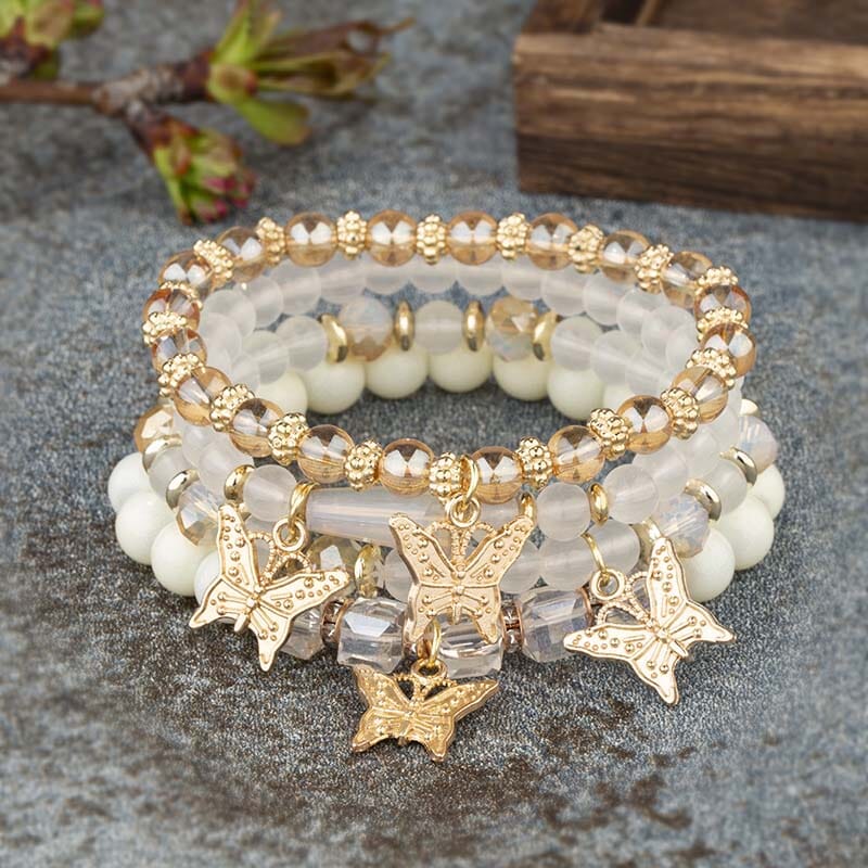 Women Bohemian Stackable Beads Multilayer Butterfly Crystal Stretch Bracelet set Bracelets jehouze