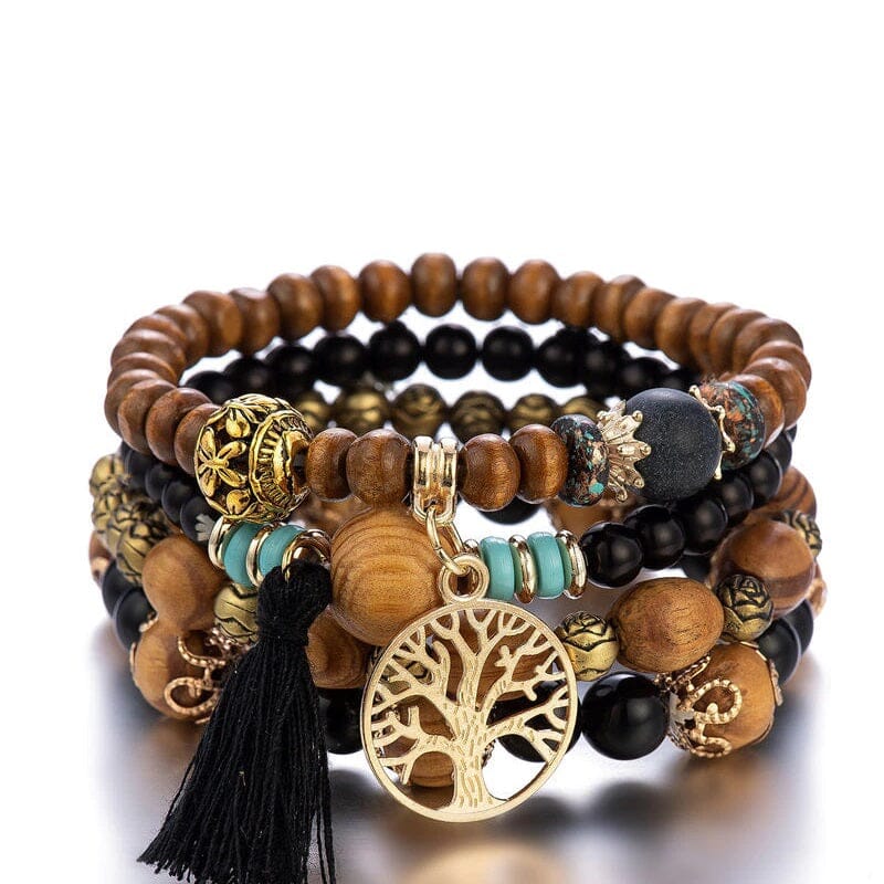 Women Bohemian Stackable Wood Beads Multilayer Tassel Bracelet set_ Jewelry jehouze Black
