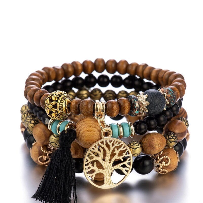 Women Bohemian Stackable Wood Beads Multilayer Tassel Bracelet set_ Jewelry jehouze Black 