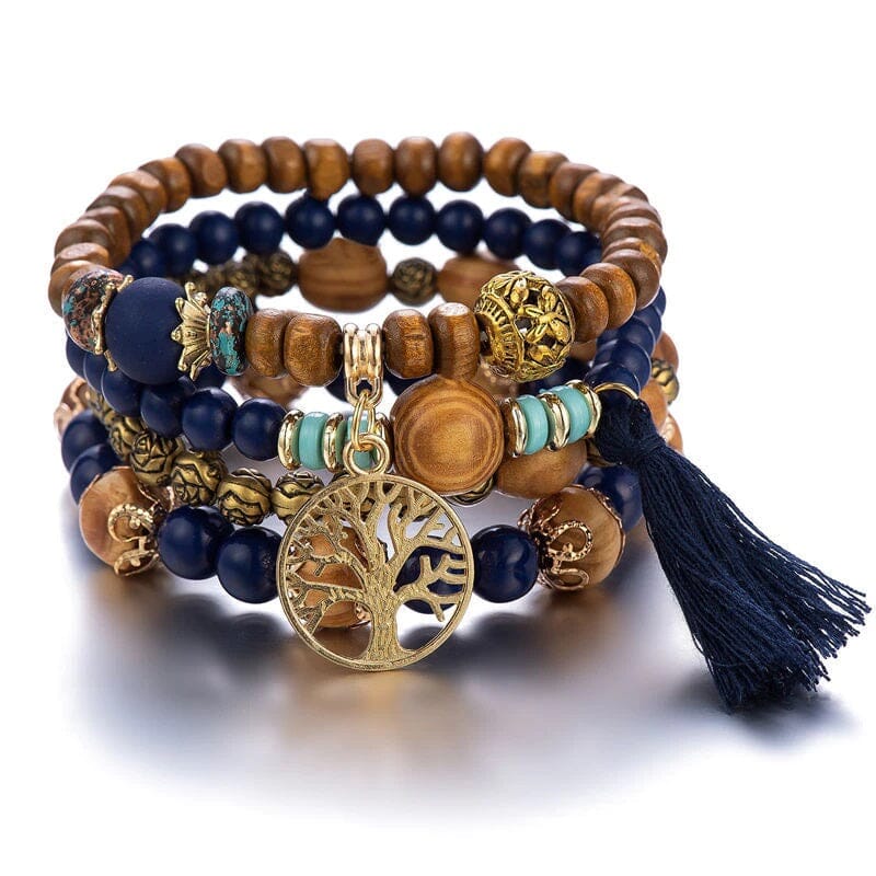 Women Bohemian Stackable Wood Beads Multilayer Tassel Bracelet set_ Jewelry jehouze Navy Blue