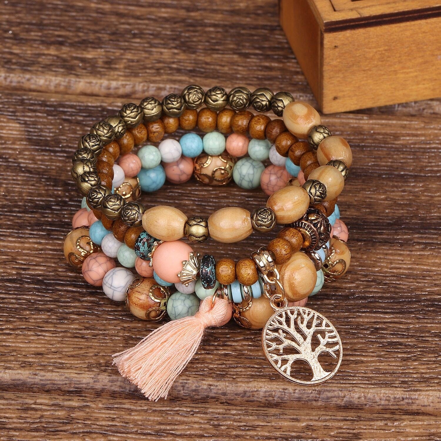 Women Bohemian Stackable Wood Beads Multilayer Tassel Bracelet set_ Jewelry jehouze Pink 