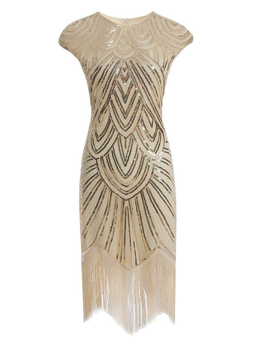 Women Crew Neck Cap Sleeve Sequin Fringe Vintage 1920s Flapper Gatsby Dress_ Dresses jehouze Beige XS 