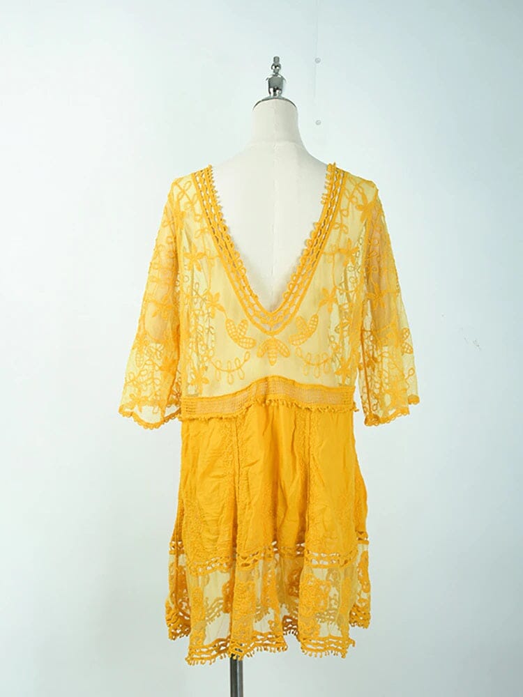 Women Deep V Neck Bohemian Beach Outing Sheer Sexy Bathing Suit Cover UP Lace Tunic Bikini Swimsuit Dress_ Dresses jehouze