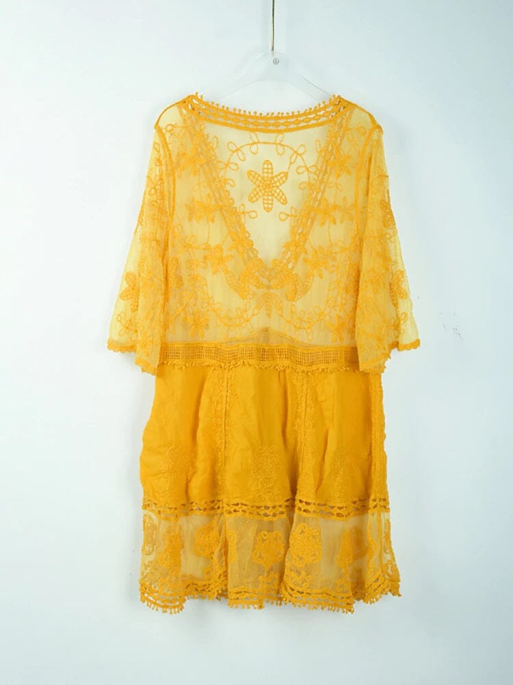 Women Deep V Neck Bohemian Beach Outing Sheer Sexy Bathing Suit Cover UP Lace Tunic Bikini Swimsuit Dress_ Dresses jehouze