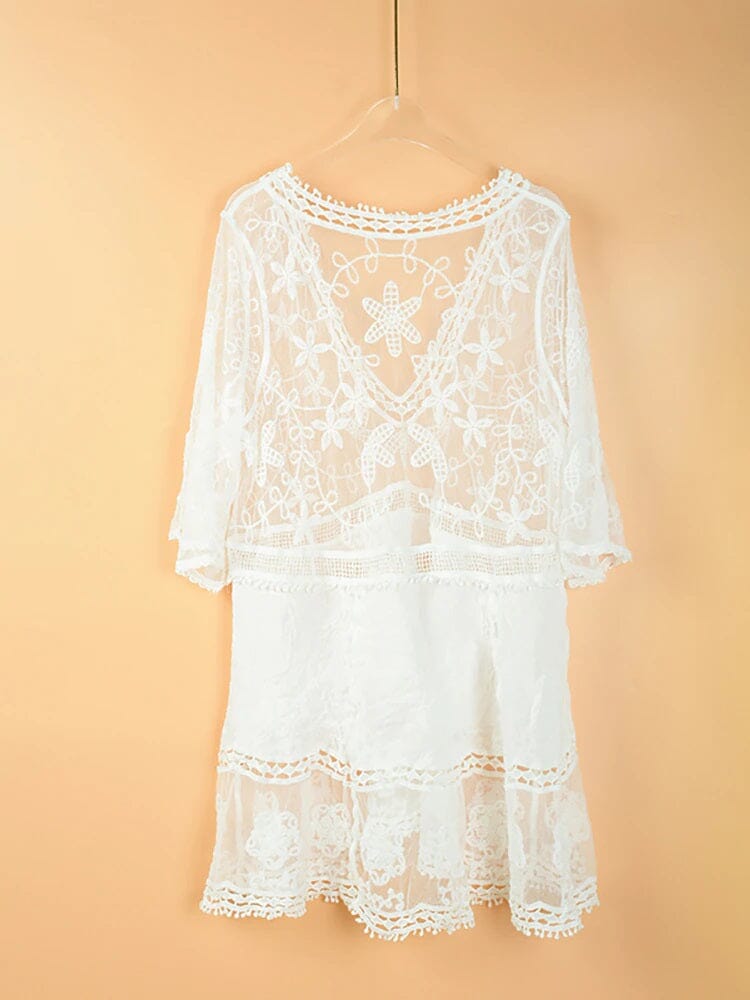 Women Deep V Neck Bohemian Beach Outing Sheer Sexy Bathing Suit Cover UP Lace Tunic Bikini Swimsuit Dress_ Dresses jehouze