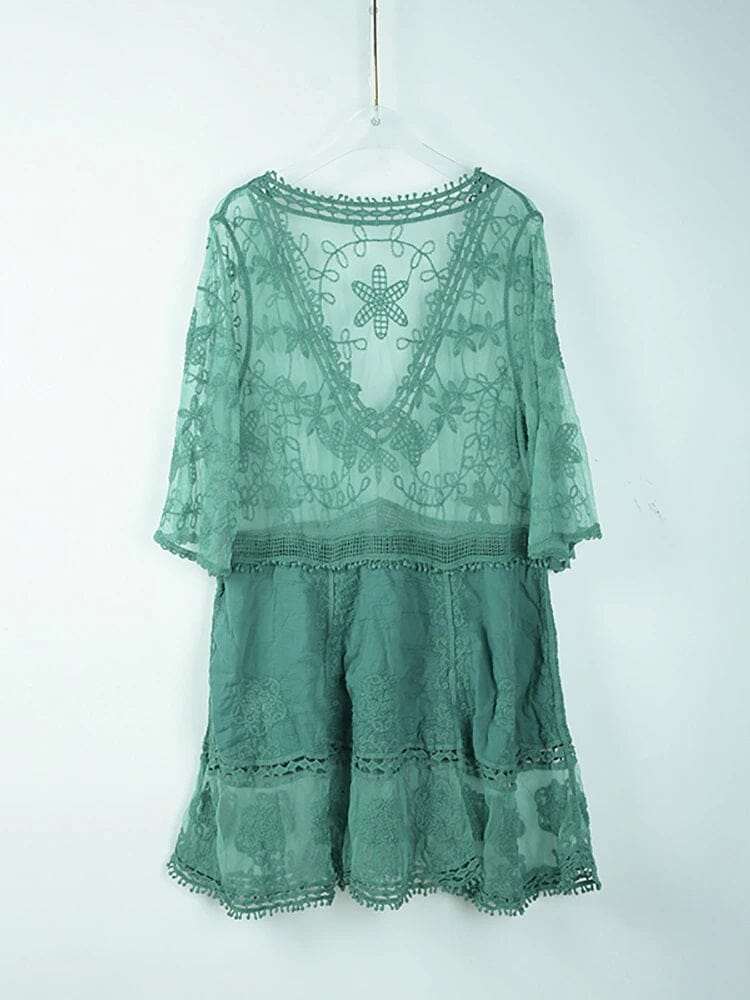 Women Deep V Neck Bohemian Beach Outing Sheer Sexy Bathing Suit Cover UP Lace Tunic Bikini Swimsuit Dress_ Dresses jehouze