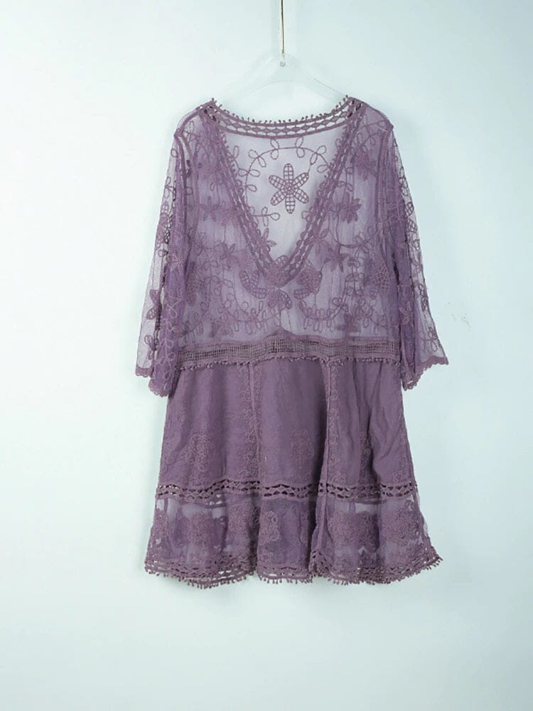 Women Deep V Neck Bohemian Beach Outing Sheer Sexy Bathing Suit Cover UP Lace Tunic Bikini Swimsuit Dress_ Dresses jehouze