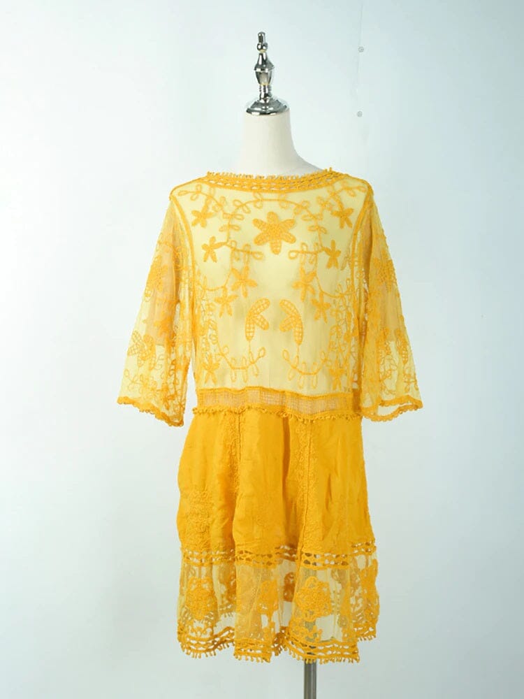 Women Deep V Neck Bohemian Beach Outing Sheer Sexy Bathing Suit Cover UP Lace Tunic Bikini Swimsuit Dress_ Dresses jehouze