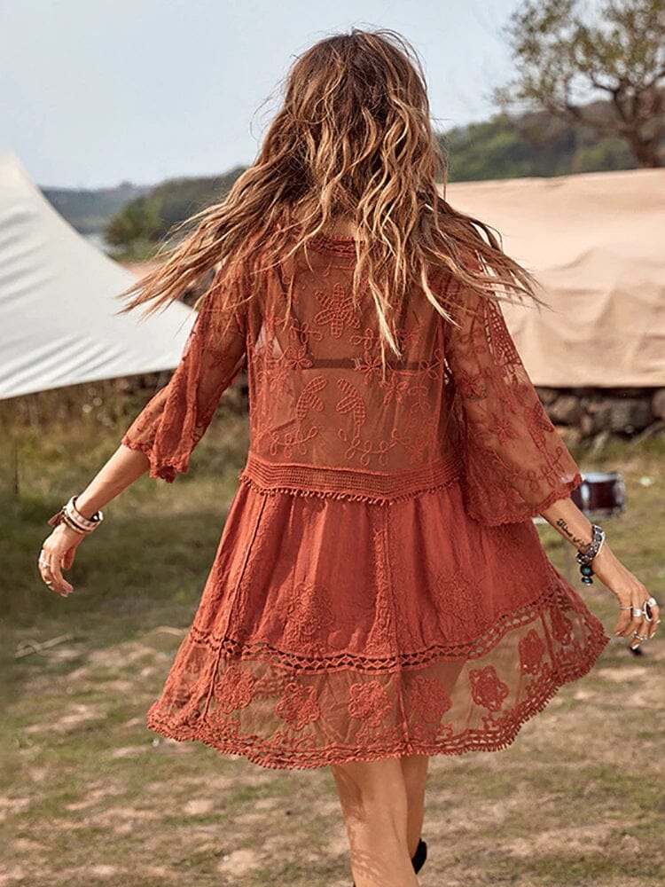 Women Deep V Neck Bohemian Beach Outing Sheer Sexy Bathing Suit Cover UP Lace Tunic Bikini Swimsuit Dress_ Dresses jehouze brick red