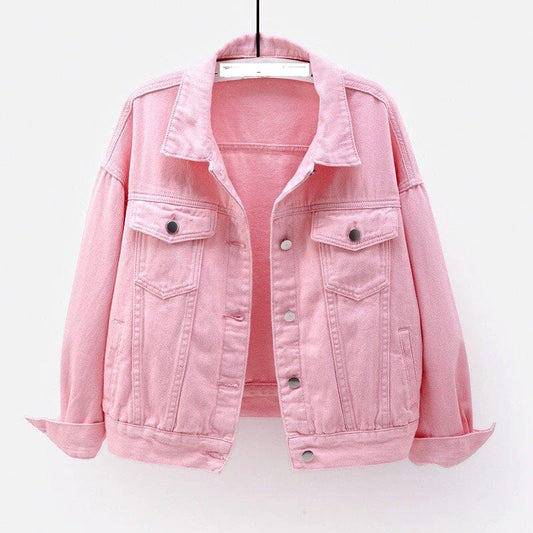 Women Drop Shoulder Denim Jacket Casual Outerwear Coats & Jackets jehouze Pink S 