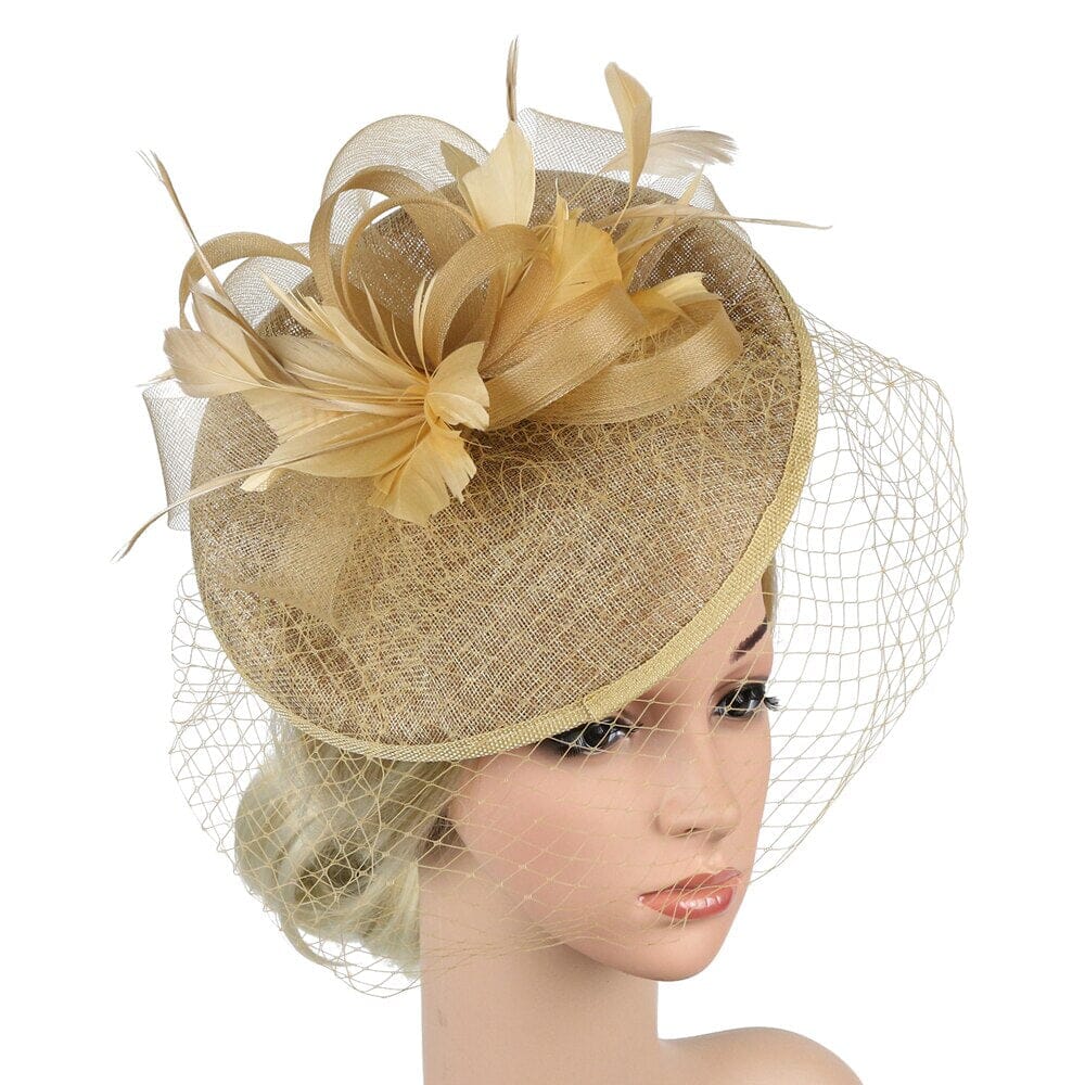 Women Fascinators Hat Tea Party Headband Kentucky Derby Wedding Cocktail Flower Mesh Veil Feather Hair Clip Hat jehouze Gold 