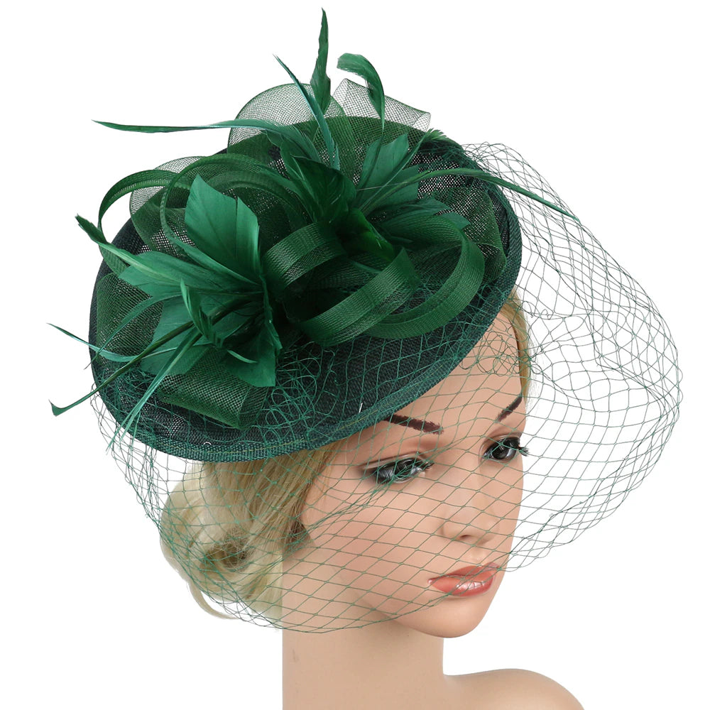 Women Fascinators Hat Tea Party Headband Kentucky Derby Wedding Cocktail Flower Mesh Veil Feather Hair Clip Hat jehouze Green 