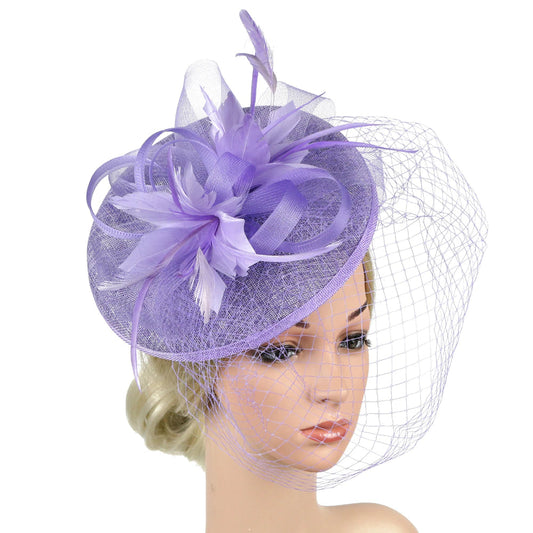 Women Fascinators Hat Tea Party Headband Kentucky Derby Wedding Cocktail Flower Mesh Veil Feather Hair Clip Hat jehouze Purple 