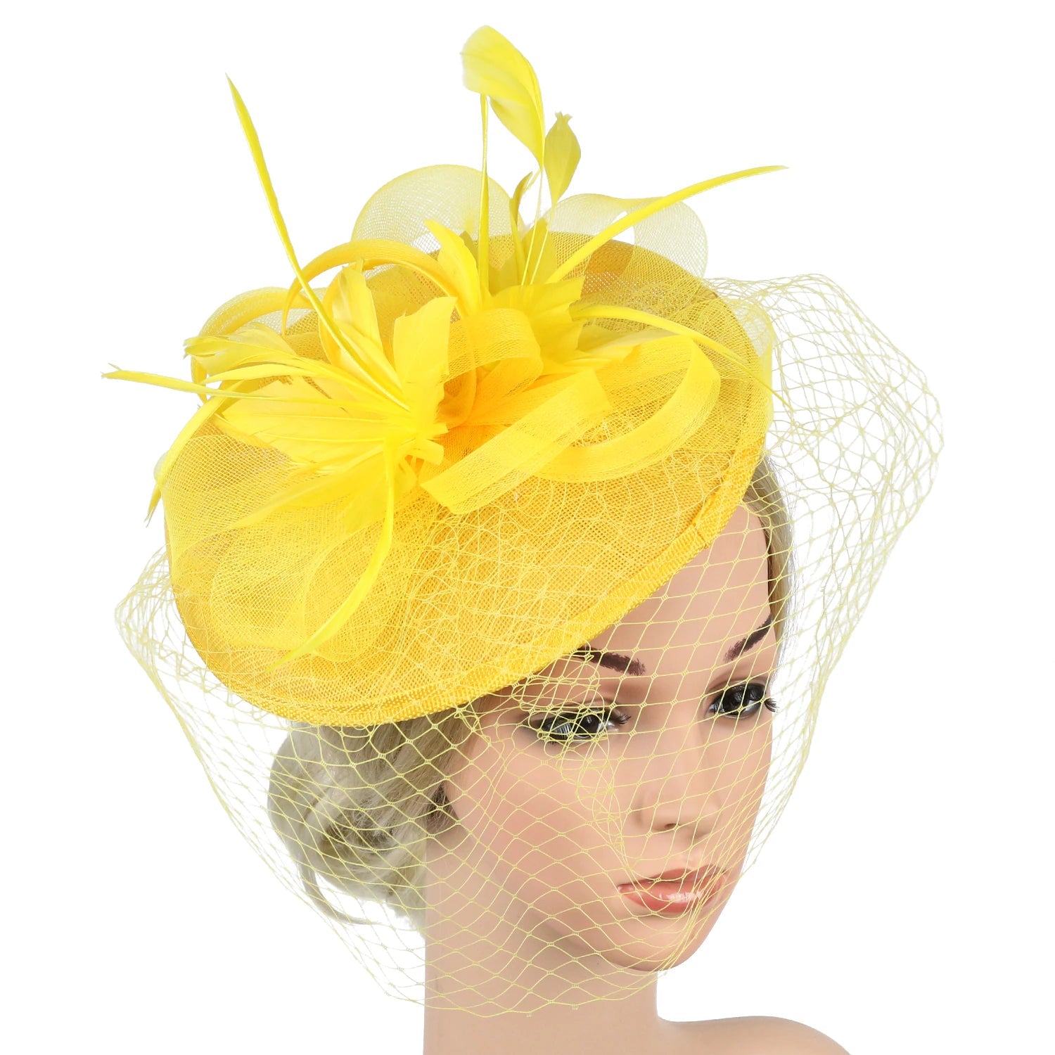 Women Fascinators Hat Tea Party Headband Kentucky Derby Wedding Cocktail Flower Mesh Veil Feather Hair Clip Hat jehouze Yellow 