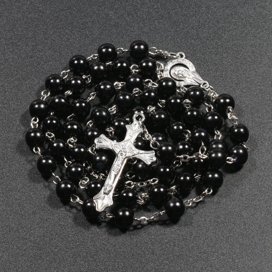 Women Faux Pearl Cross pendant Long Beads chains Rosary Necklace_ Jewelry jehouze Black 