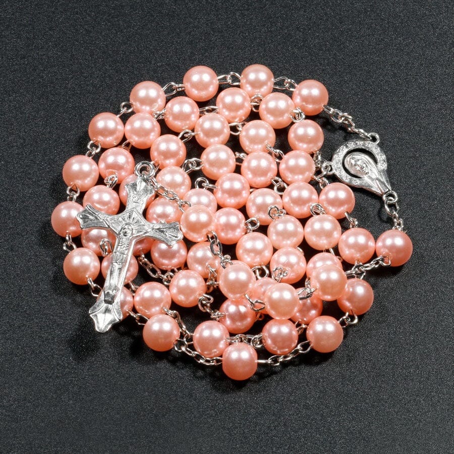 Women Faux Pearl Cross pendant Long Beads chains Rosary Necklace_ Jewelry jehouze Pink 