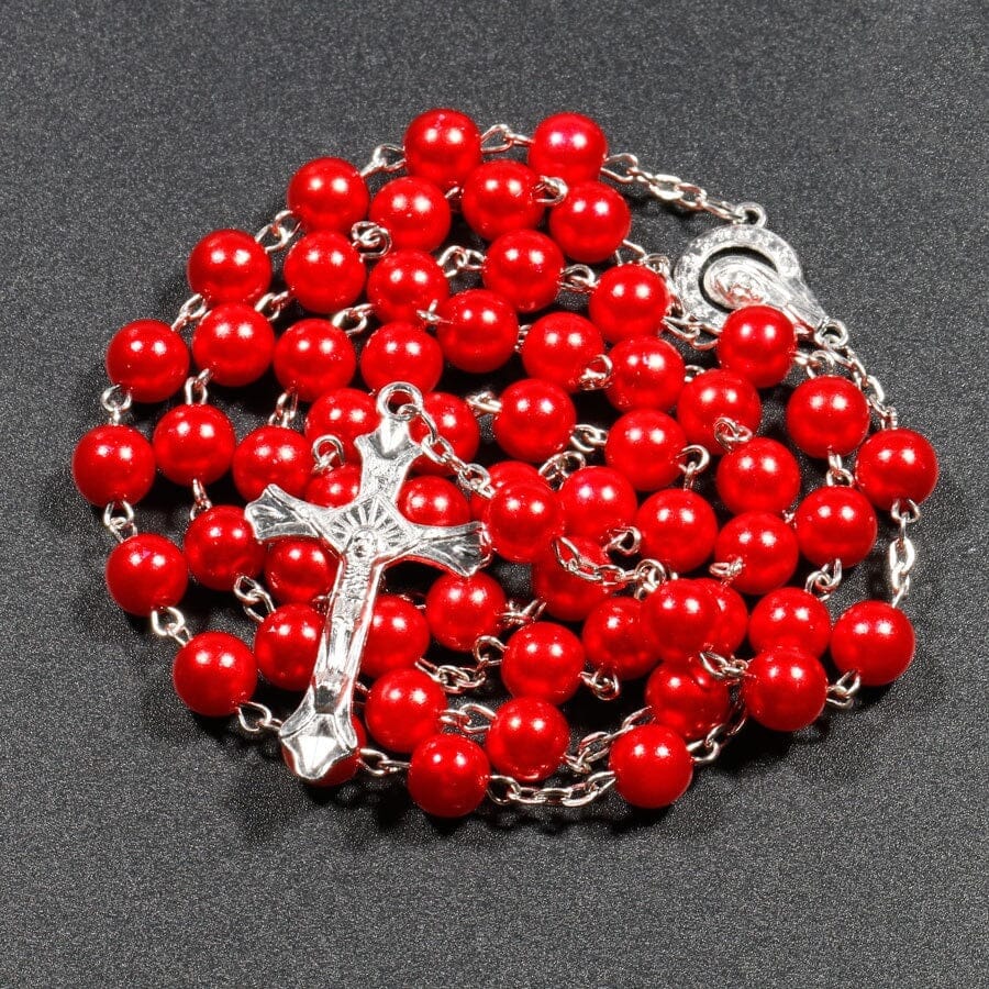 Women Faux Pearl Cross pendant Long Beads chains Rosary Necklace_ Jewelry jehouze Red