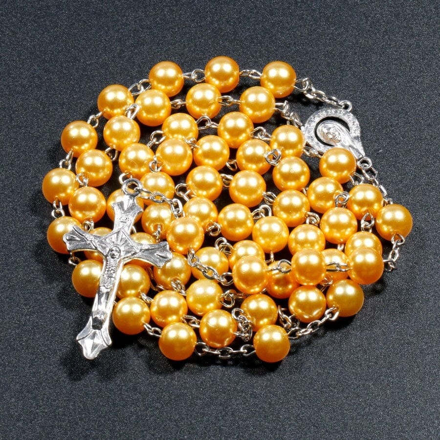 Women Faux Pearl Cross pendant Long Beads chains Rosary Necklace_ Jewelry jehouze Yellow 