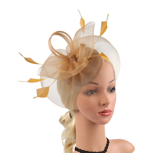 Women Feather Fascinator Kentucky Derby Pillbox Hat Mesh High Tea Headband Hat jehouze Golden 