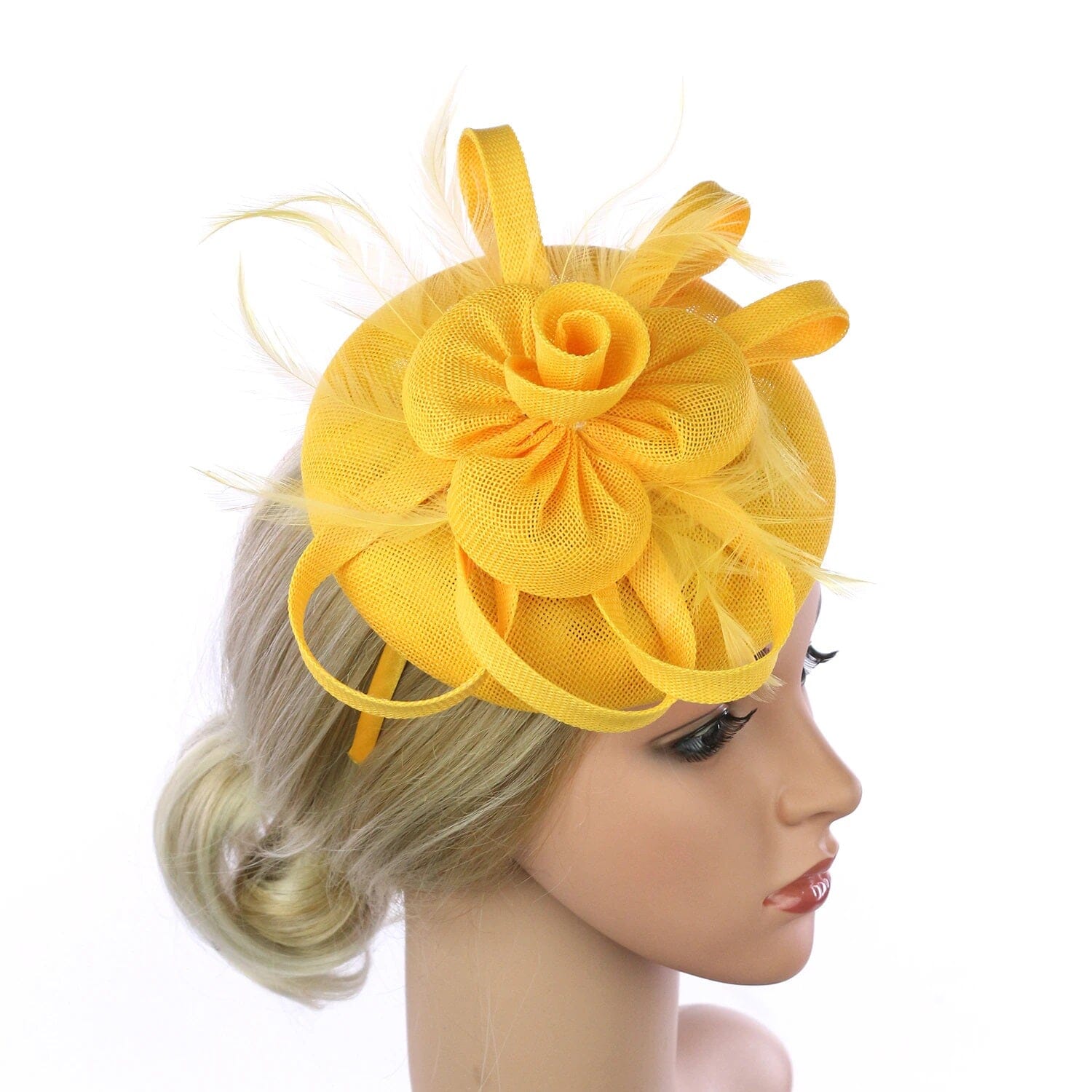 Women Girls Fascinator Hat with Headband and clip Ascot Mesh Flower Feather Headwear Kentucky Derby Headpiece Hat jehouze Yellow 