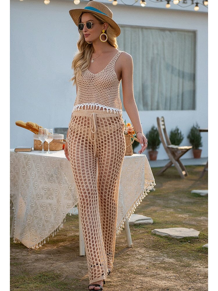 Women Hand Crochet Hollow Out Beach Swimsuit Cover Up Pants jehouze 