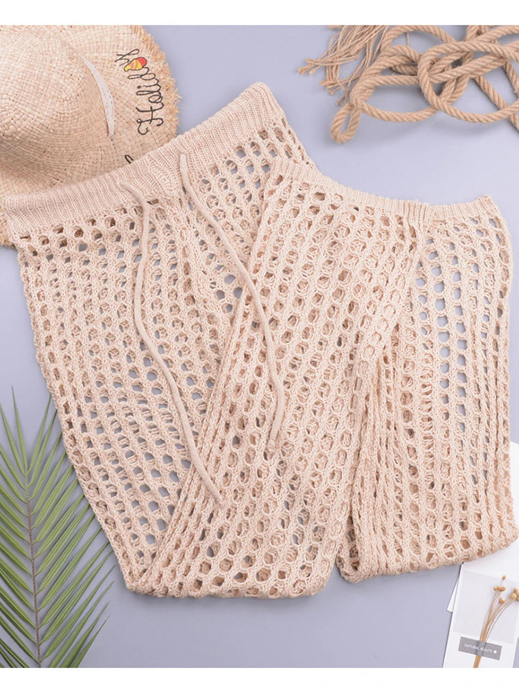 Women Hand Crochet Hollow Out Beach Swimsuit Cover Up Pants jehouze Apricot S 