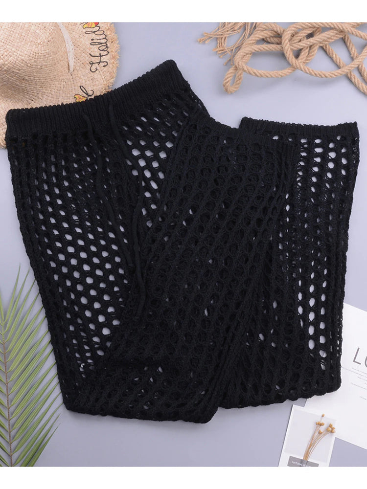 Women Hand Crochet Hollow Out Beach Swimsuit Cover Up Pants jehouze Black S 