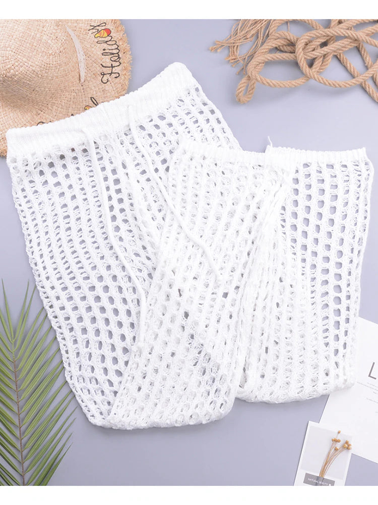 Women Hand Crochet Hollow Out Beach Swimsuit Cover Up Pants jehouze White S 