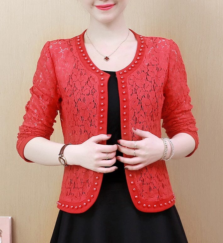 Women Lace Long Sleeve Open Front Bead Cover Up Cardigan Coats & Jackets jehouze 