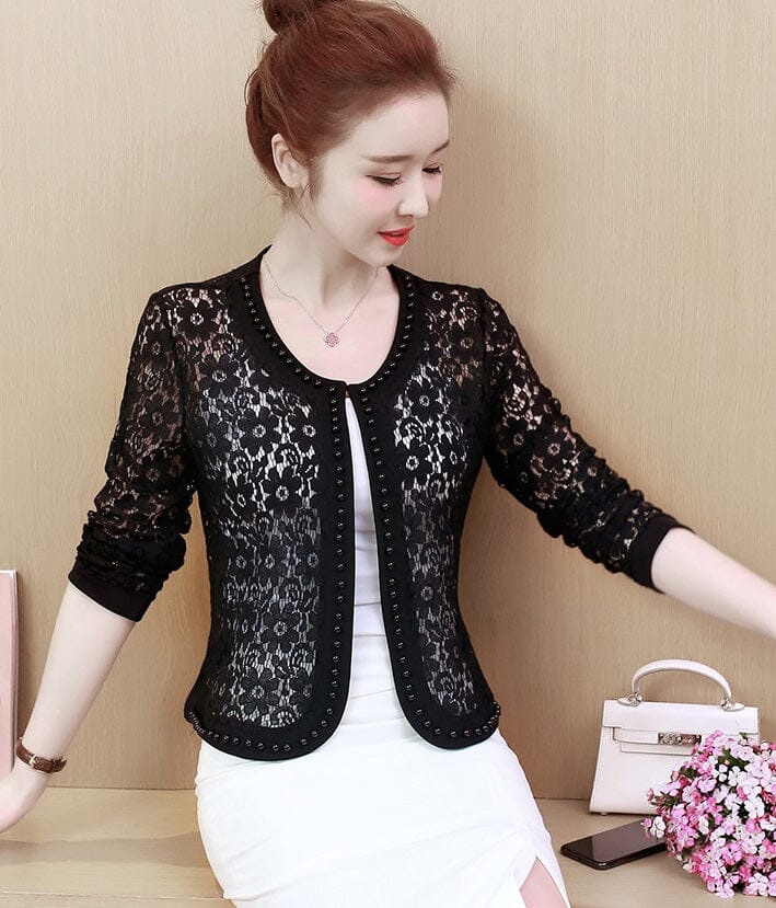 Women Lace Long Sleeve Open Front Bead Cover Up Cardigan Coats & Jackets jehouze Black S 
