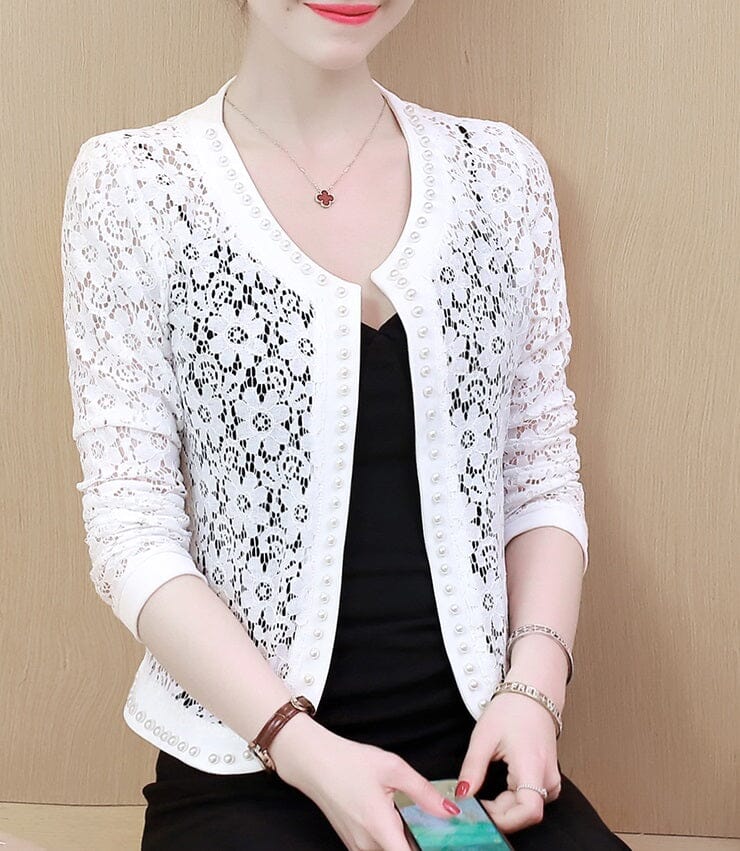 Women Lace Long Sleeve Open Front Bead Cover Up Cardigan Coats & Jackets jehouze White S 