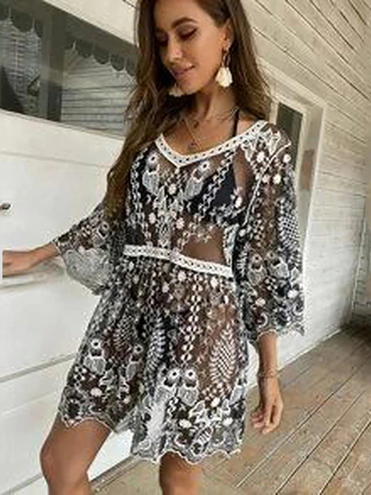Women Lace V Neck Batwing Sleeve Sheer Floral Embroidery Swimsuit Bikini Beach Cover Up Dresses jehouze 
