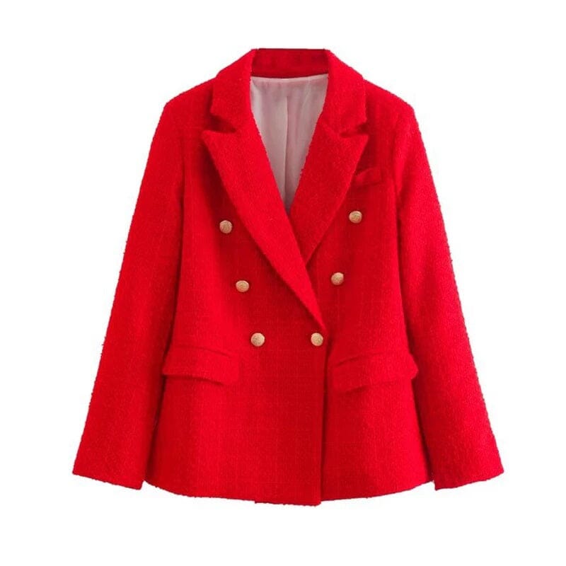 Women Long Sleeve Double Breasted Tweed Woolen Casual Open Front Blazer Jacket Outerwear Work Suits Coats & Jackets jehouze Red XS 