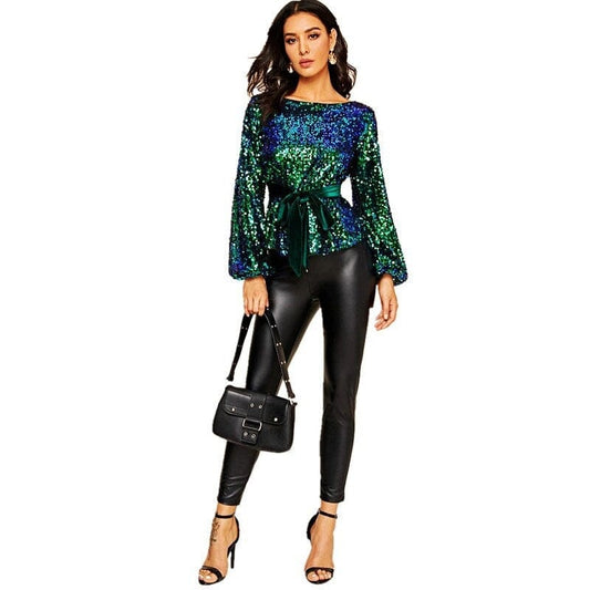Women Long Sleeve Sequin Sparkle Glitter Pullover Tops with removable belts Shirts & Tops jehouze Green S 