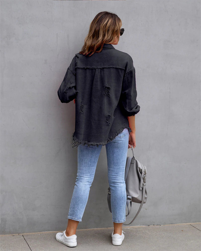 Women Oversized Denim Shacket Casual Drop Shoulder Long Boyfriend Distressed Jean Outerwear Coats & Jackets jehouze 
