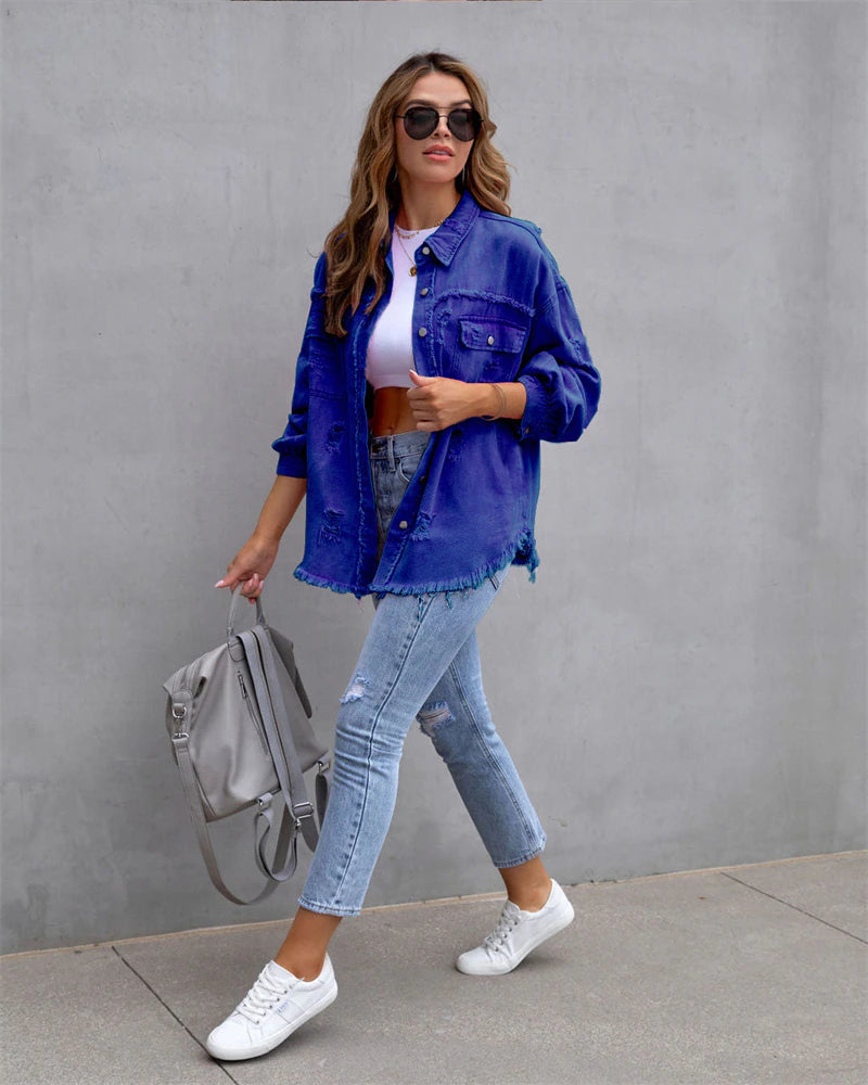 Women Oversized Denim Shacket Casual Drop Shoulder Long Boyfriend Distressed Jean Outerwear Coats & Jackets jehouze Blue S 