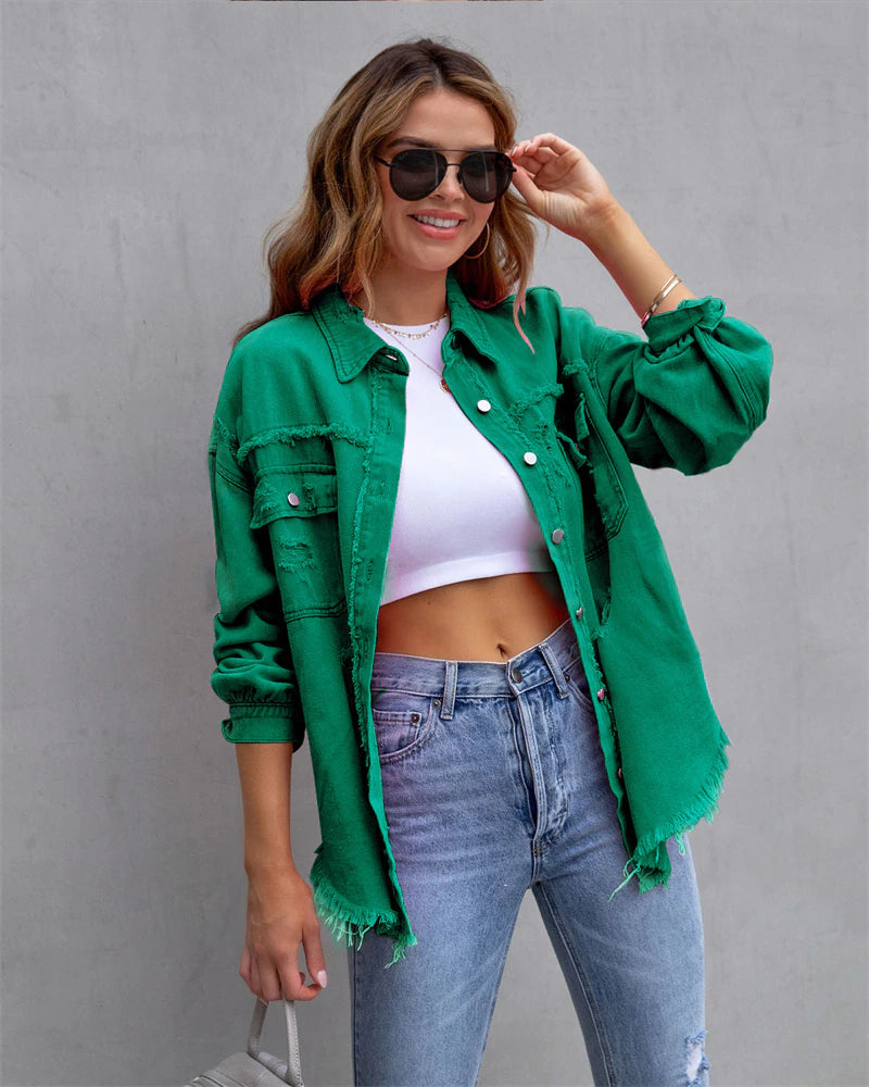 Women Oversized Denim Shacket Casual Drop Shoulder Long Boyfriend Distressed Jean Outerwear Coats & Jackets jehouze Green S 
