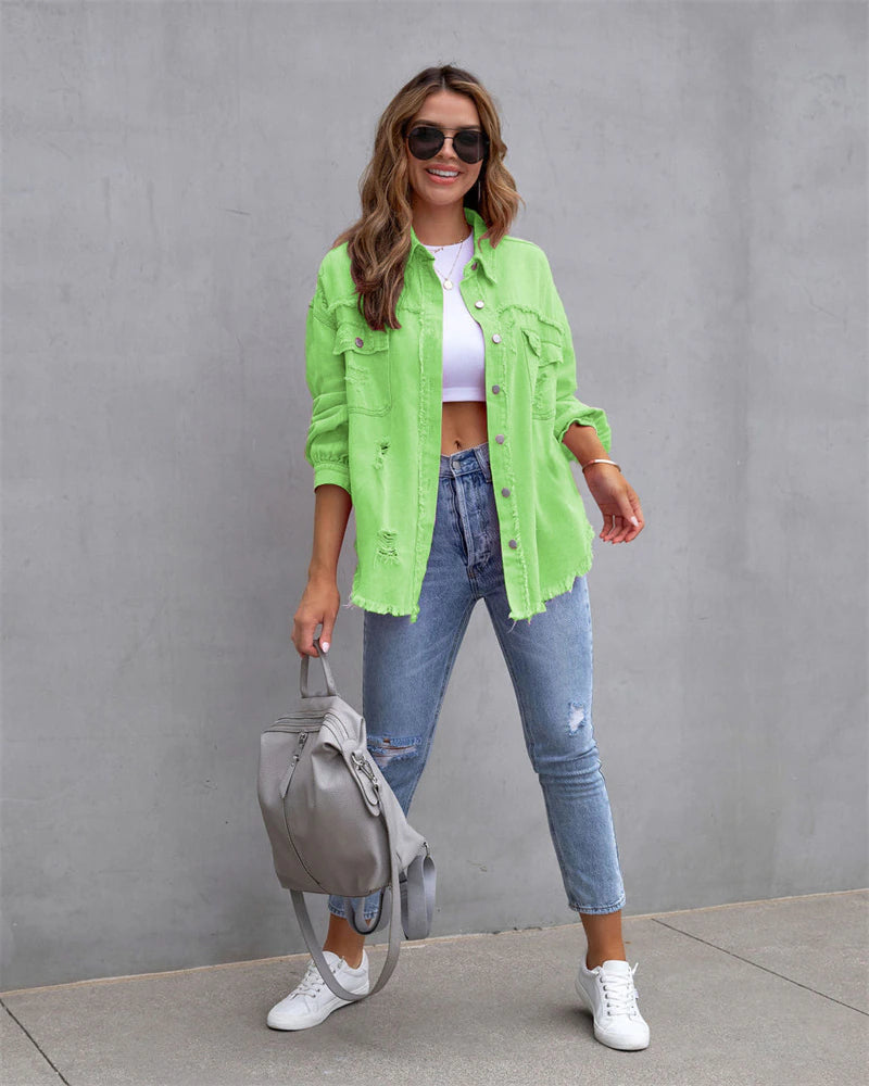 Women Oversized Denim Shacket Casual Drop Shoulder Long Boyfriend Distressed Jean Outerwear Coats & Jackets jehouze Light Green S 