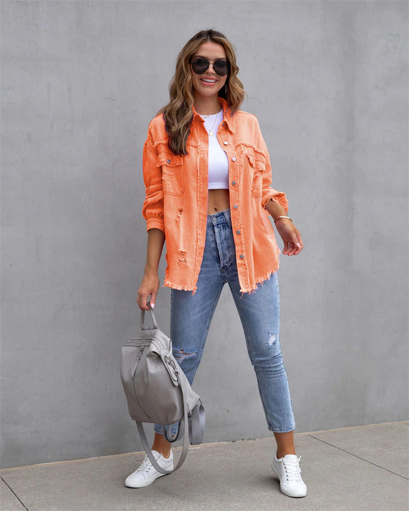 Women Oversized Denim Shacket Casual Drop Shoulder Long Boyfriend Distressed Jean Outerwear Coats & Jackets jehouze Orange S 