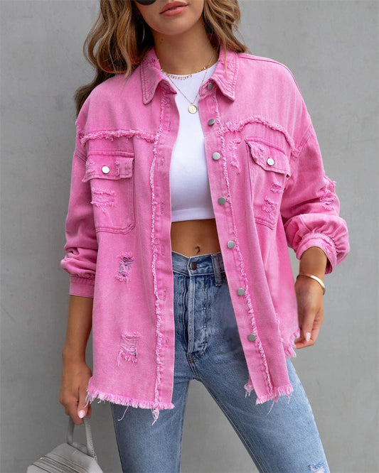 Women Oversized Denim Shacket Casual Drop Shoulder Long Boyfriend Distressed Jean Outerwear Coats & Jackets jehouze Pink S 