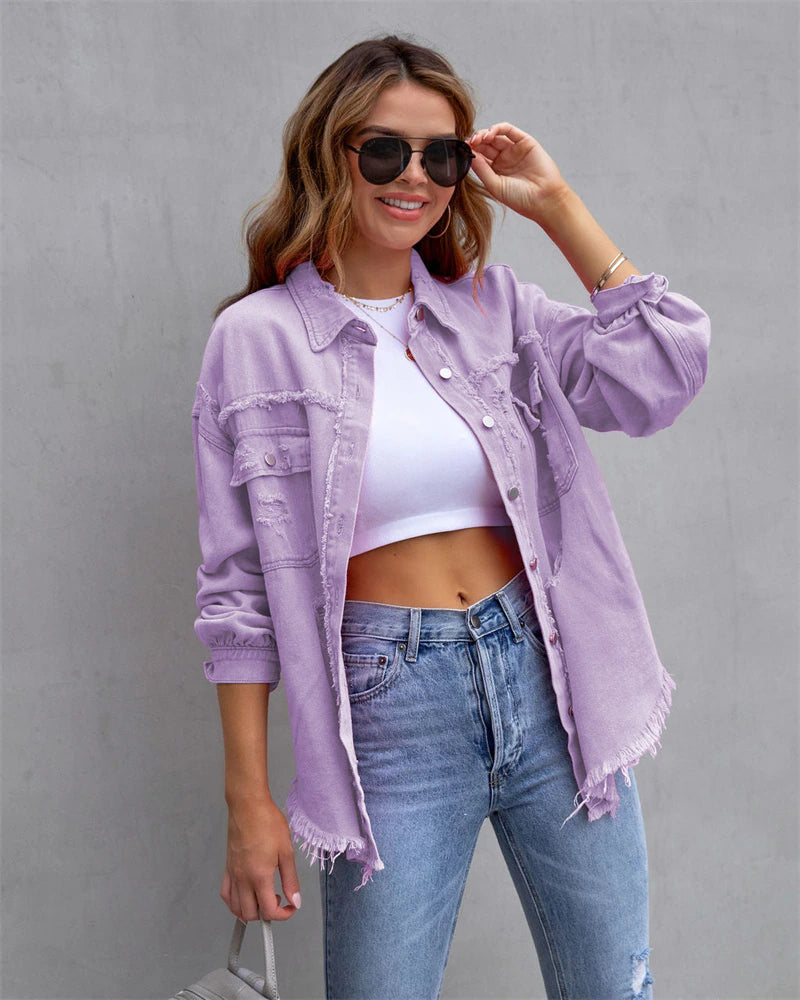 Women Oversized Denim Shacket Casual Drop Shoulder Long Boyfriend Distressed Jean Outerwear Coats & Jackets jehouze Purple S 