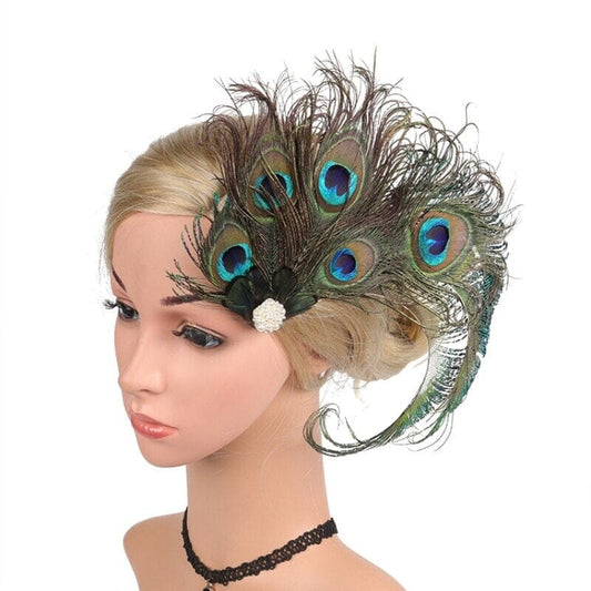 Women Peacock Feather Hair Clip with Pearl Rhinestone Fascinator 1920s Gatsby Headpiece Hat jehouze Peacock 