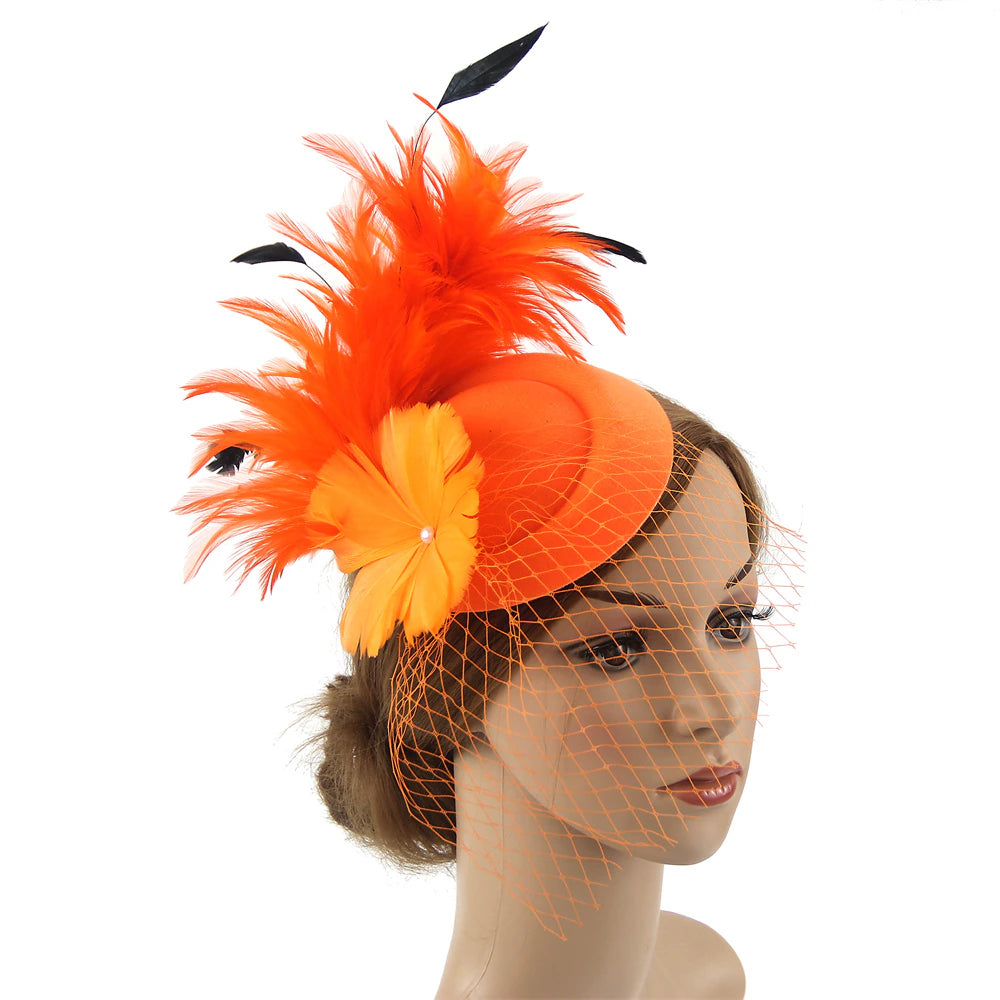 Women Pillbox Hat Mesh Veil Vintage Fascinators Tea Party Bridal Wedding Halloween Headband Hat jehouze Orange 