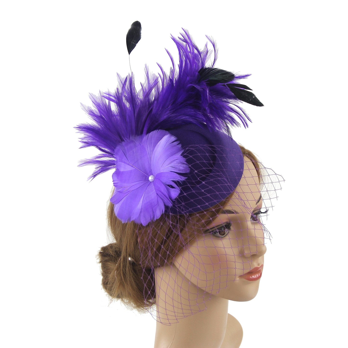 Women Pillbox Hat Mesh Veil Vintage Fascinators Tea Party Bridal Wedding Halloween Headband Hat jehouze Purple 