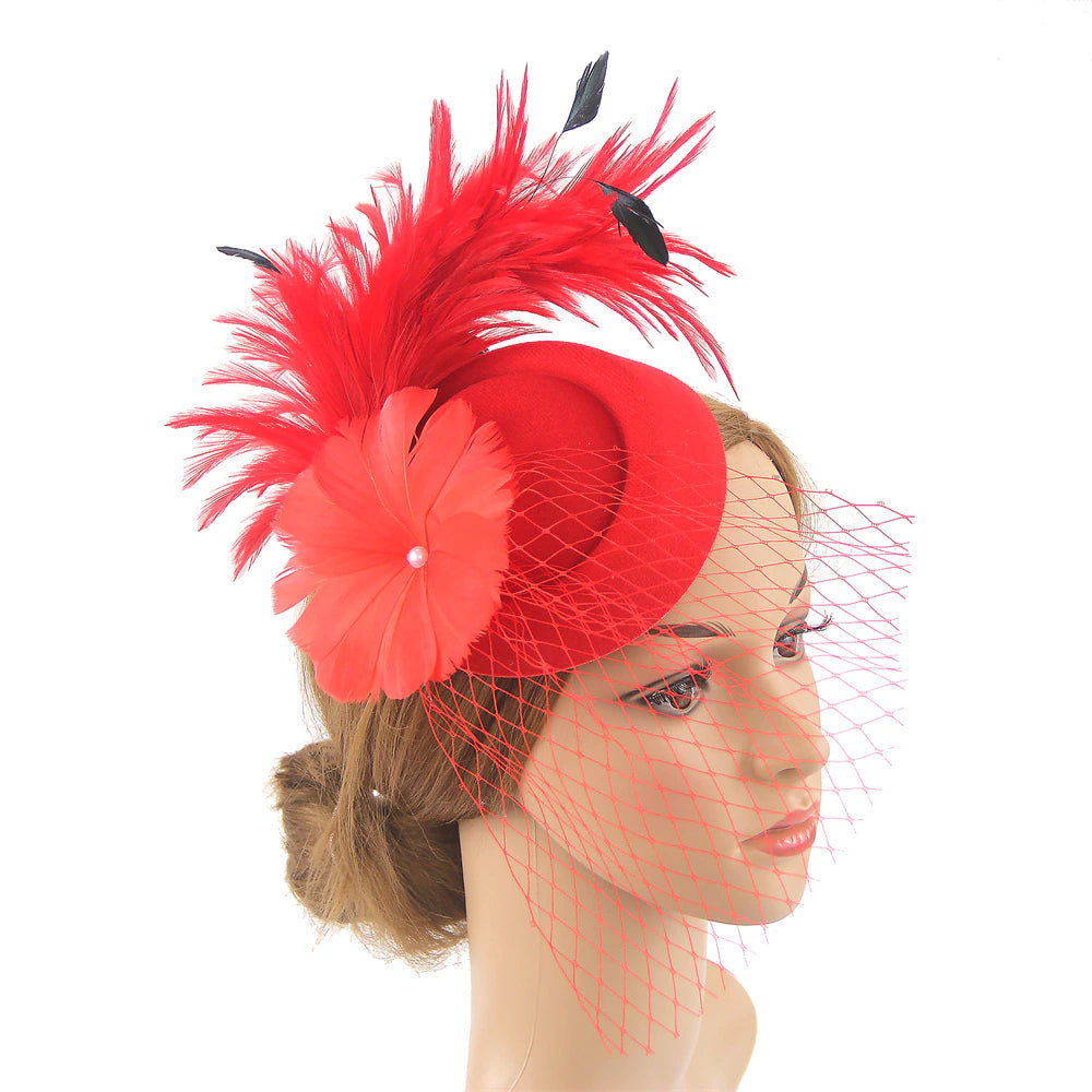 Women Pillbox Hat Mesh Veil Vintage Fascinators Tea Party Bridal Wedding Halloween Headband Hat jehouze Red 