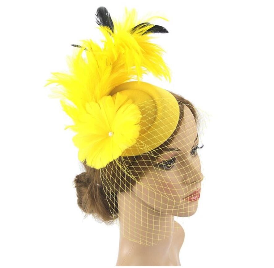 Women Pillbox Hat Mesh Veil Vintage Fascinators Tea Party Bridal Wedding Halloween Headband Hat jehouze Yellow 