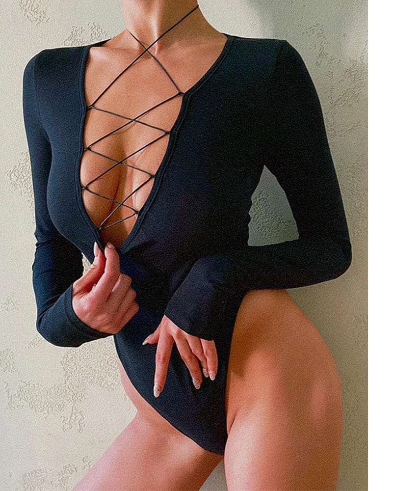 Women Sexy Front Lace Up Crisscross Strappy Deep V Neck Long Sleeve  Bodysuit Tops_