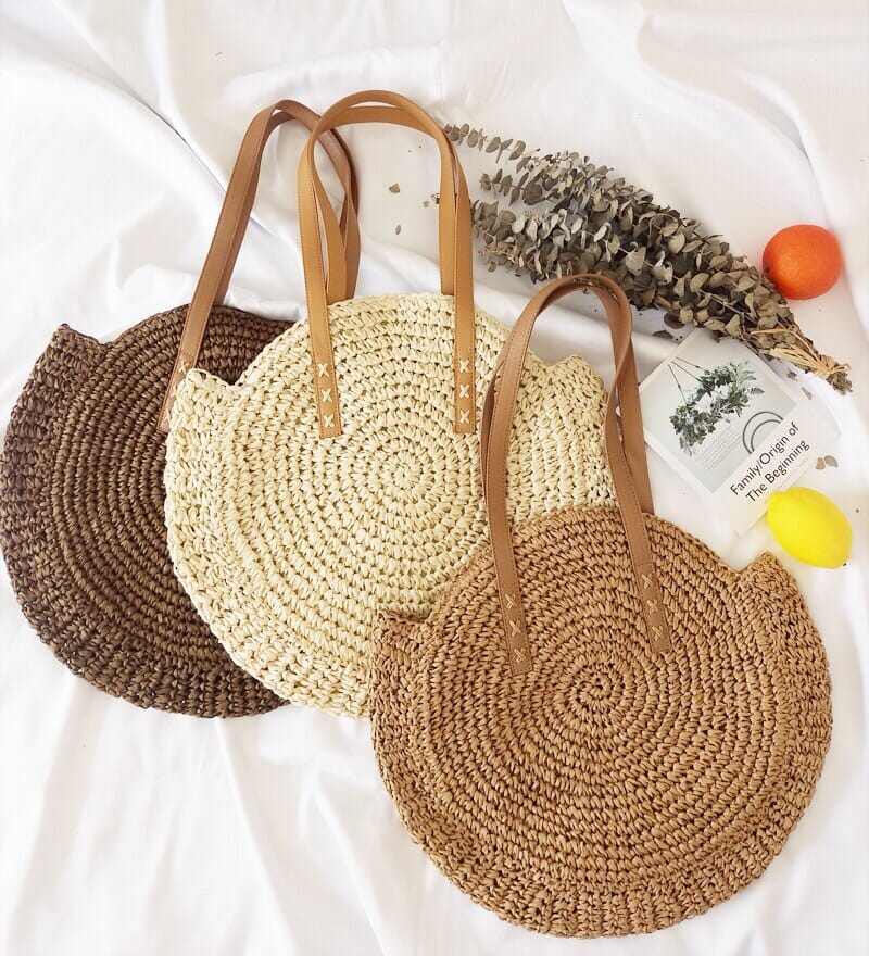 Visland Straw Bags for Women,Hand-woven Straw Large Bag Round Handle Ring Tote Retro Summer Beach Rattan Bag, Women's, Brown